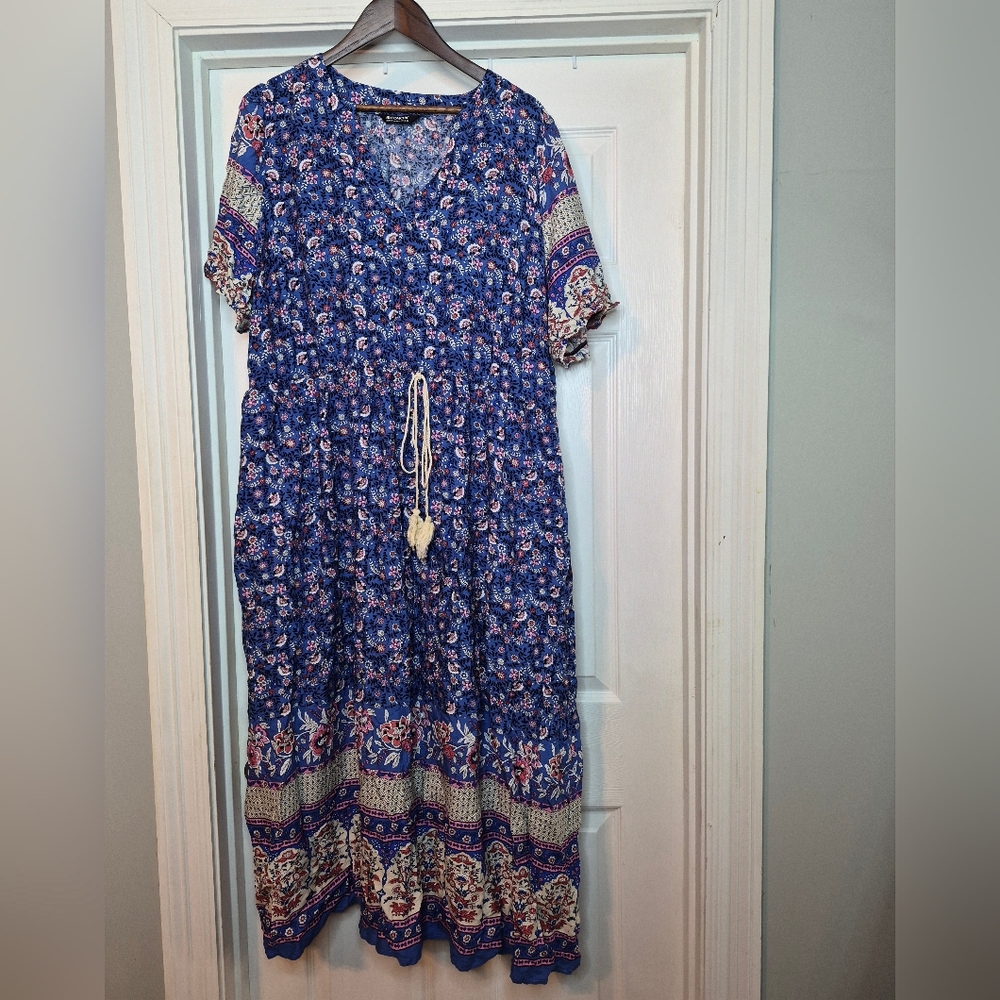 Bloomchic Bohemian Blue Floral Maxi Dress with Tassel Tie 18-20